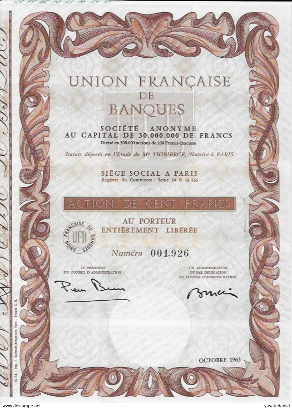 TITRE De COLLECTION  UNION FRANCAISE DE BANQUES Action 100 Francs - S - V