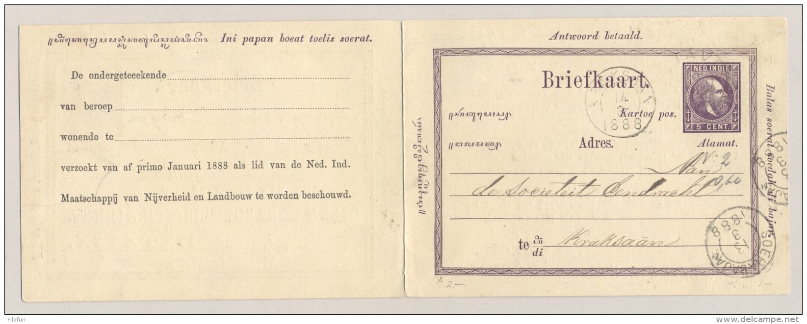 Nederlands Indië - 1888 - 5+5 Cent Briefkaart Willem III, Particulier Bedrukt My Nijverheid En Landbouw Naar KR KRAKSAAN - Nederlands-Indië