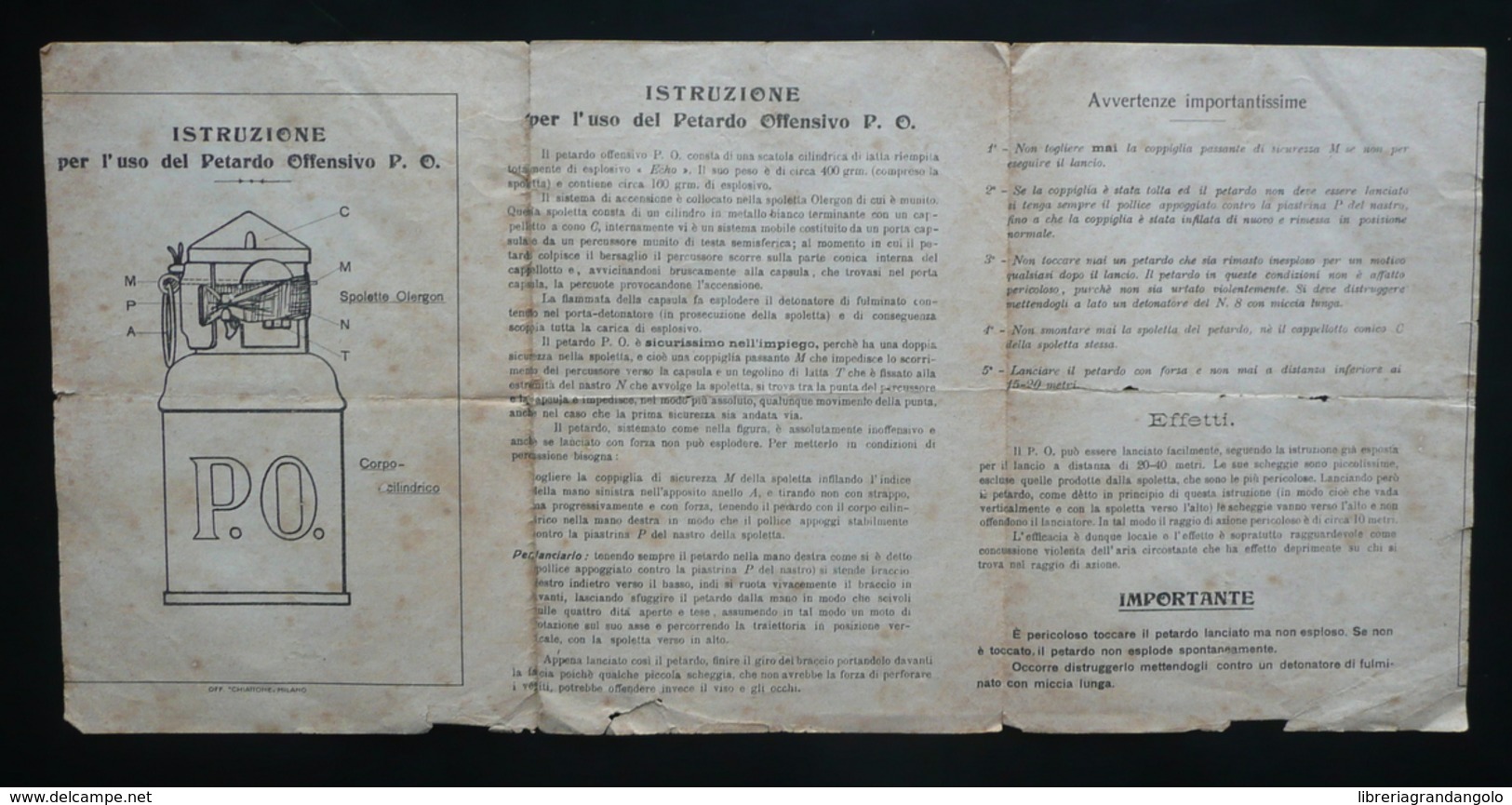 Istruzione Per L'Uso Del Petardo Offensivo P.O. Pieghevole Chiattone Milano WW1 - Unclassified