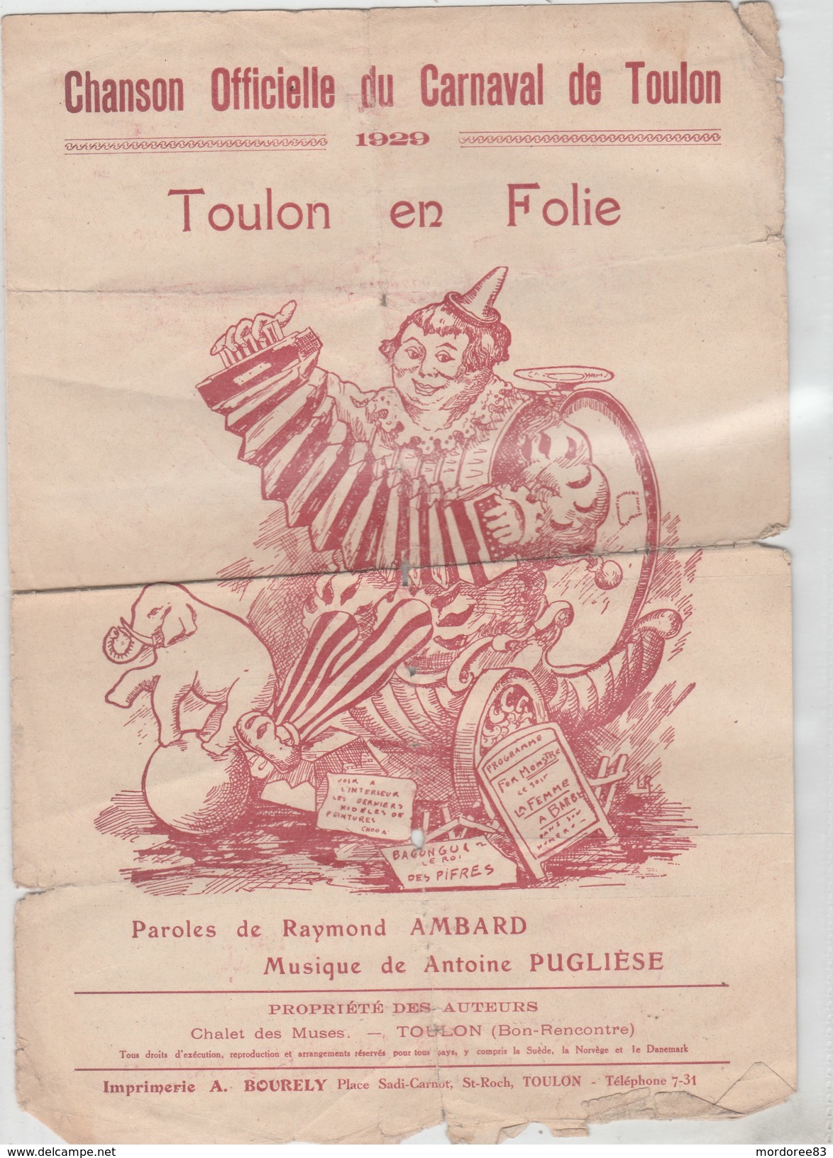 CHANSON OFFICIELLE DU CARNAVAL DE TOULON 1929-      TDA225 - Partitions Musicales Anciennes