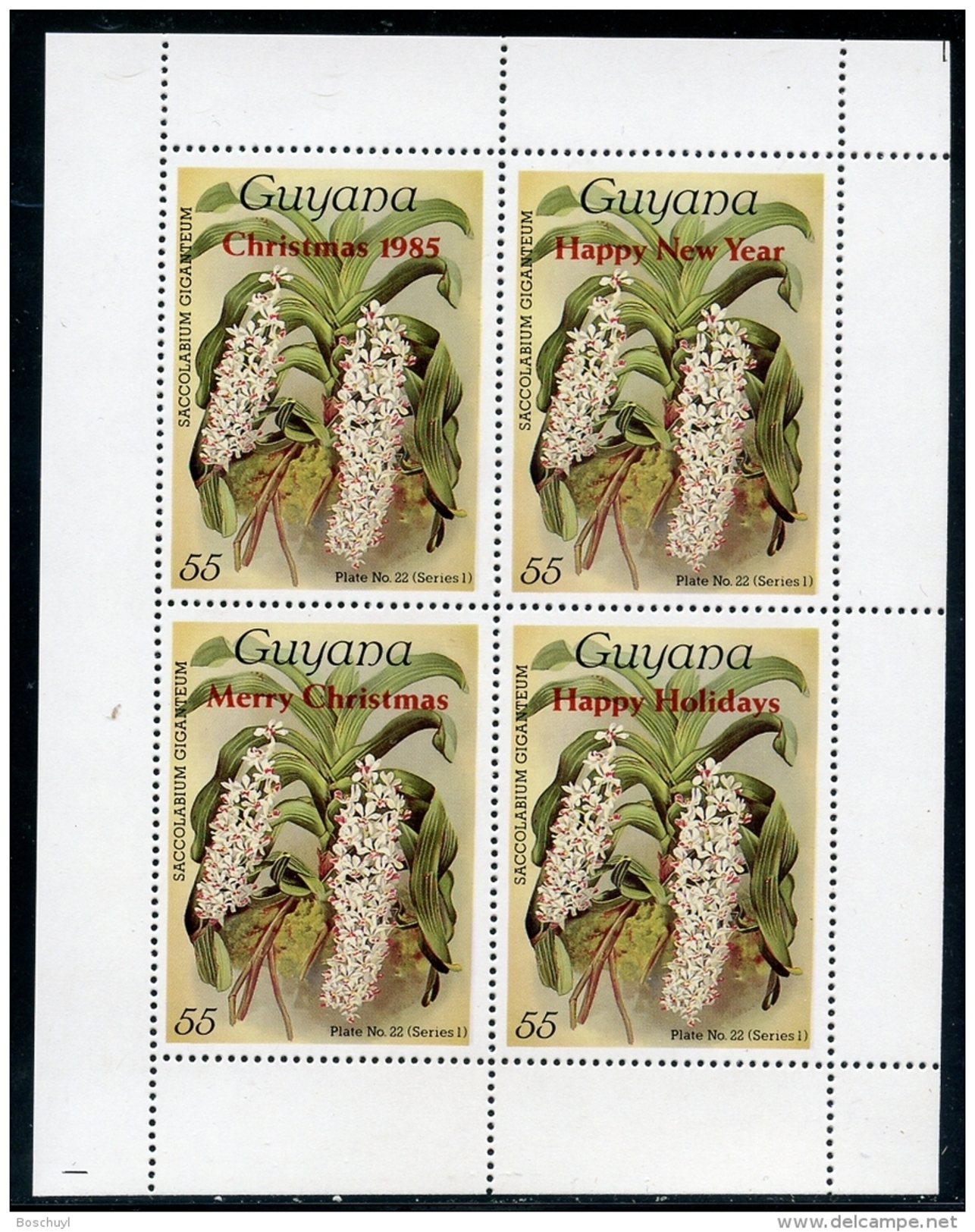 Guyana, 1985, Christmas, Orchids, MNH Overprint Sheet, Michel 1485-1488 - Guyane (1966-...)