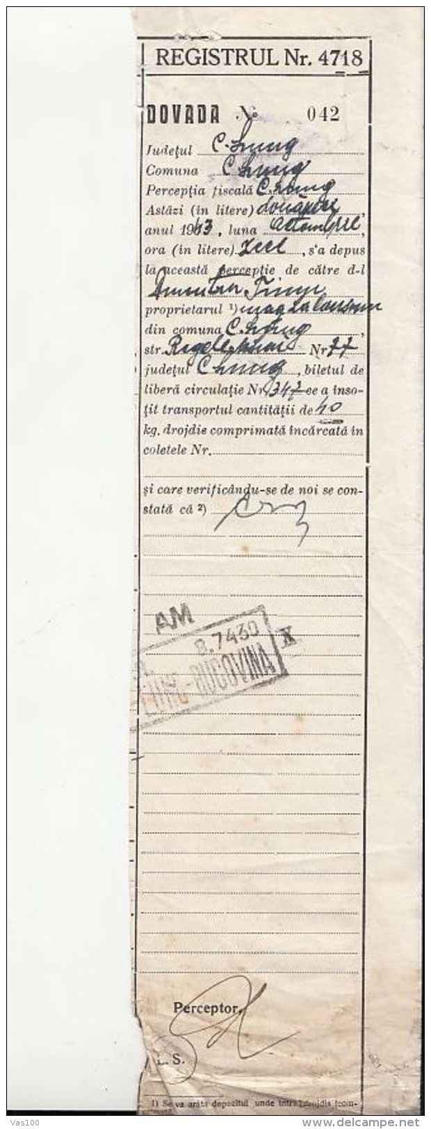 PROOF OF DELIVERY FOR GOODS, CAMPULUNG MOLDOVENESC-BUCOVINA, 1943, ROMANIA - Other & Unclassified