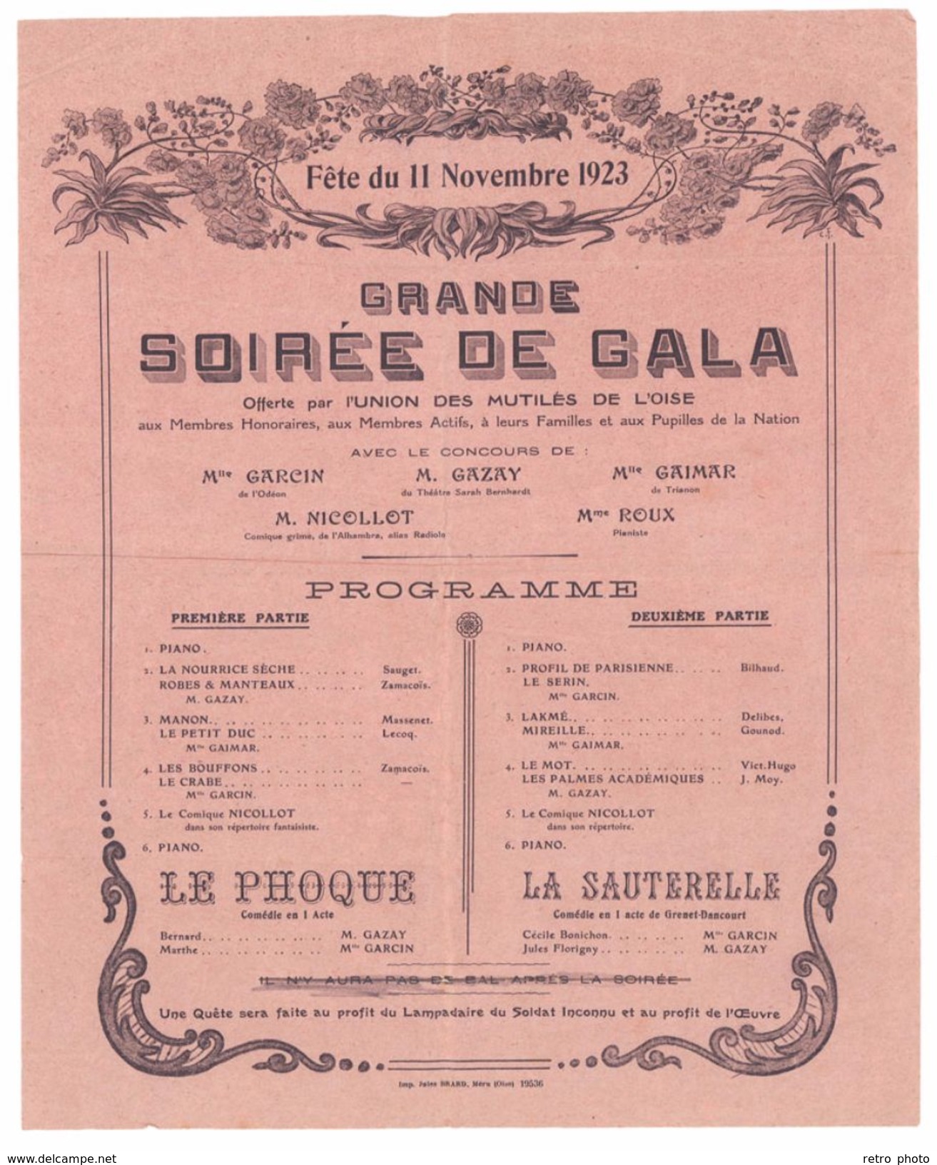 Feuillet Programme Grande Soirée De Gala, Union Des Mutilés De L'Oise 11 Novembre 1923 - Programmes
