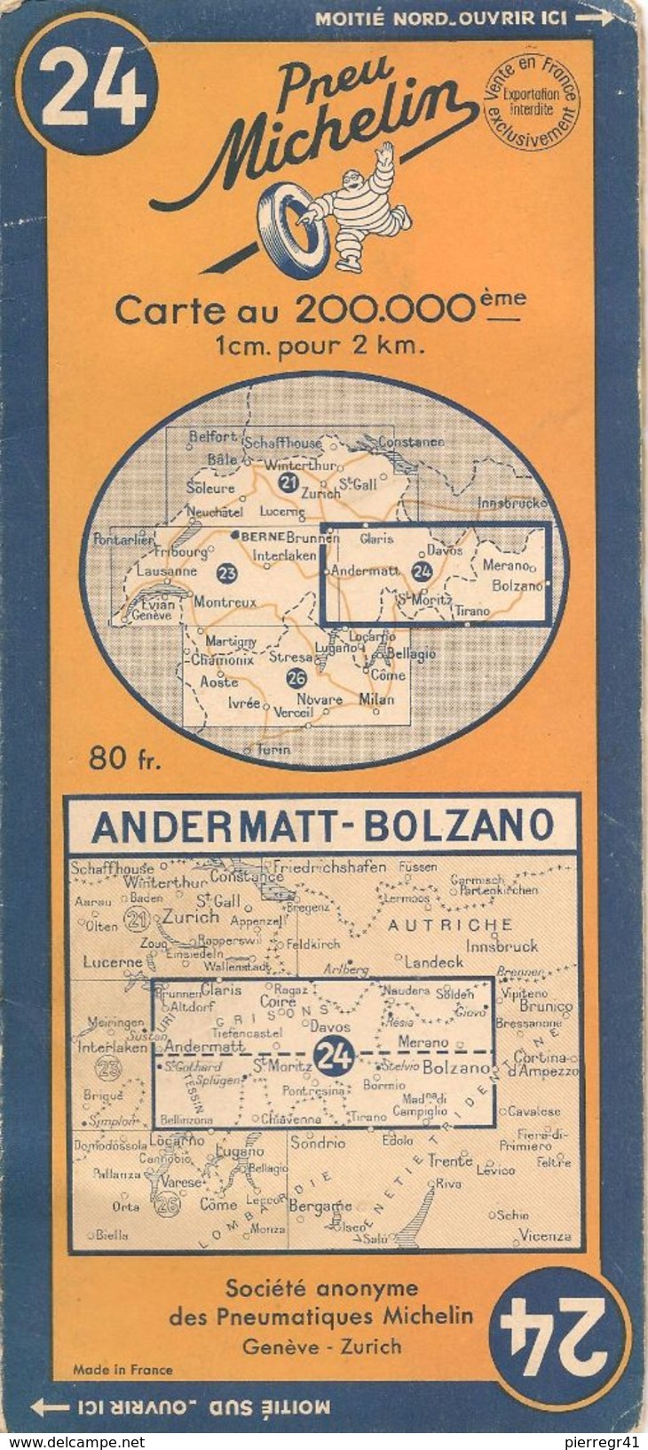 CARTE-ROUTIERE-MICHELIN-N °24-1951-ANDERMATT-BOLZANO-PAS De COUPURES- TBE - Cartes Routières