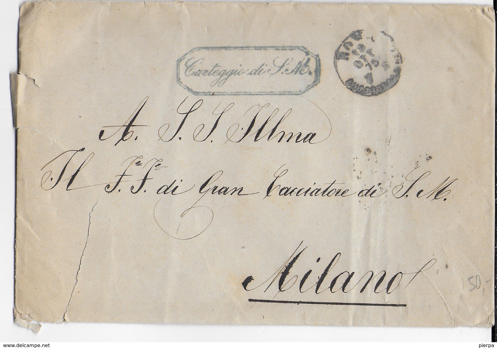 STORIA POSTALE REGNO - BUSTA IN FRANCHIGIA DA ROMA 19.10.1875 - BOLLO VERDE "CARTEGGIO DI S.M." - Altri & Non Classificati