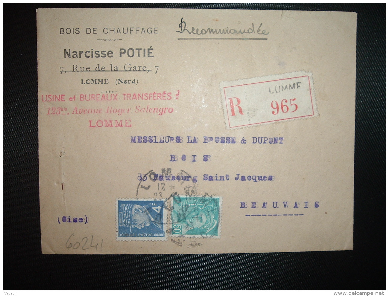 LR TP PETAIN 4F + MERCURE 50c OBL.23-11-43 LOMME NORD (59) BOIS DE CHAUFFAGE NARCISSE POTIE + GRIFFE LINEAIRE - Tarifs Postaux