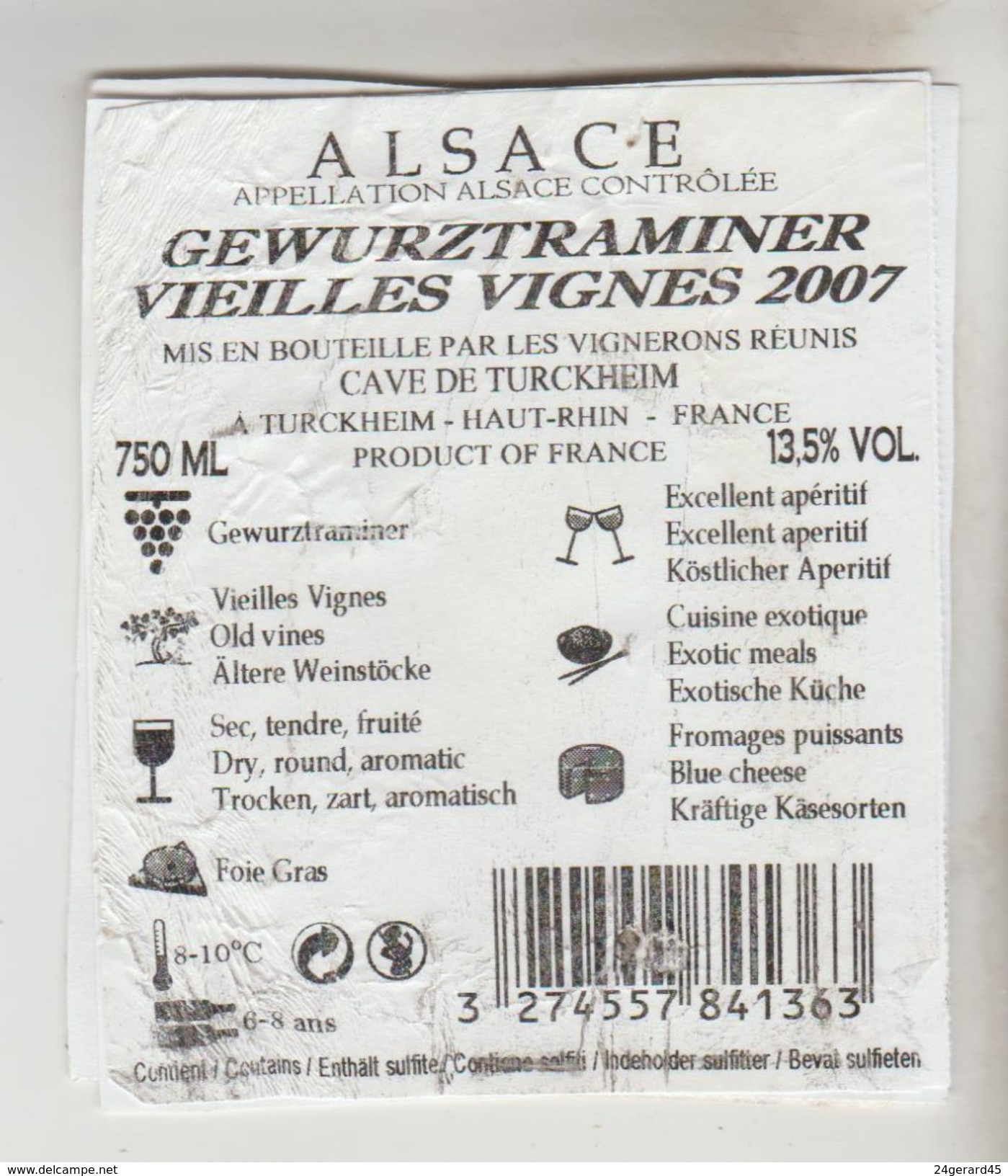 OENOPHILIE 5 ETIQUETTES VINS D'ALSACE - GewurztraminerClub Sommeliers2008, Cave Turckheim2007, E. Preiss, Kaefferkopf200 - Gewurztraminer