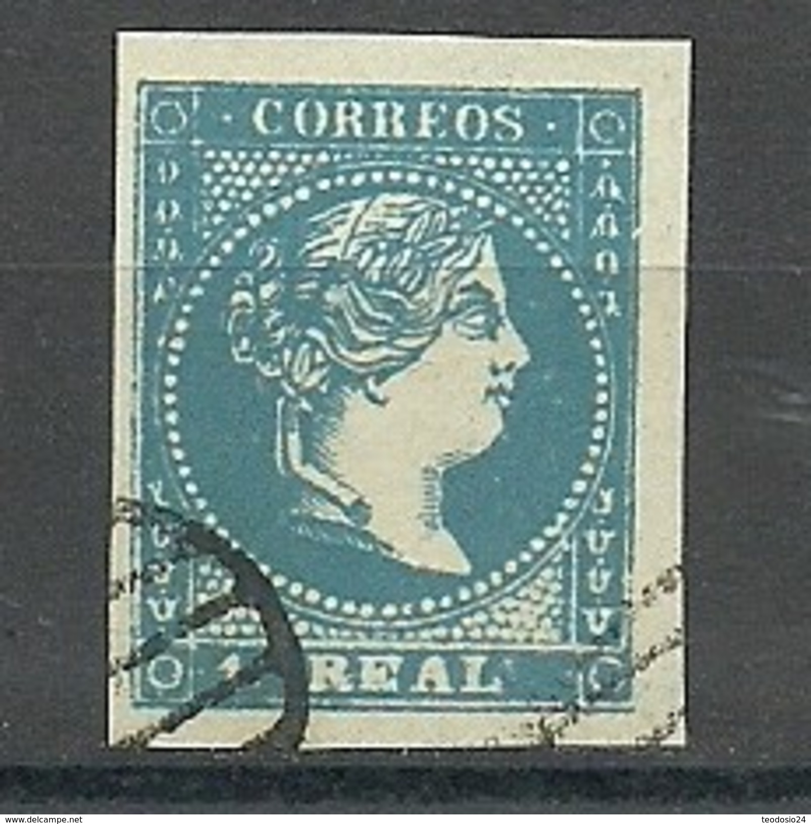 ESPAÑA REINADO ISABEL II  1856-59 EDIFIL 49 1 REAL AZUL  FALSO - Usados