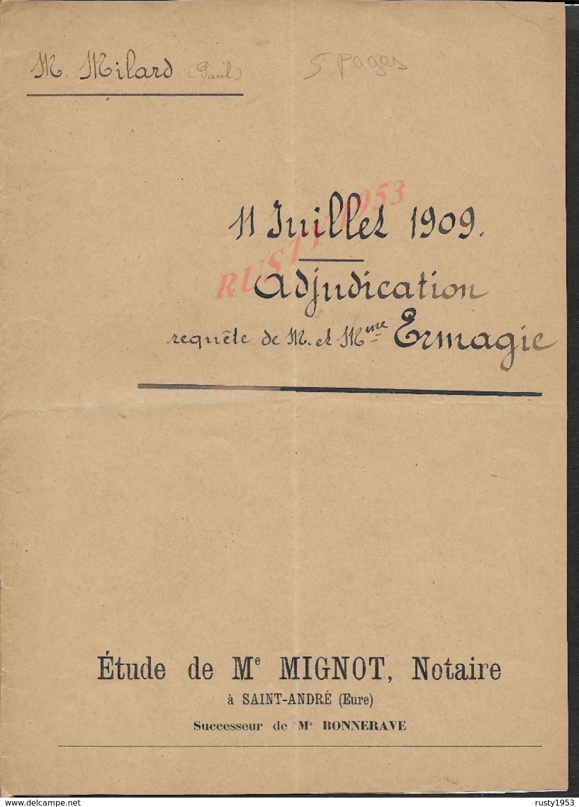 GROSSOEUVRE 1909 ACTE VENTE DE TERRE MILARD À ERMAGIE 5 PAGES : - Manuscripts