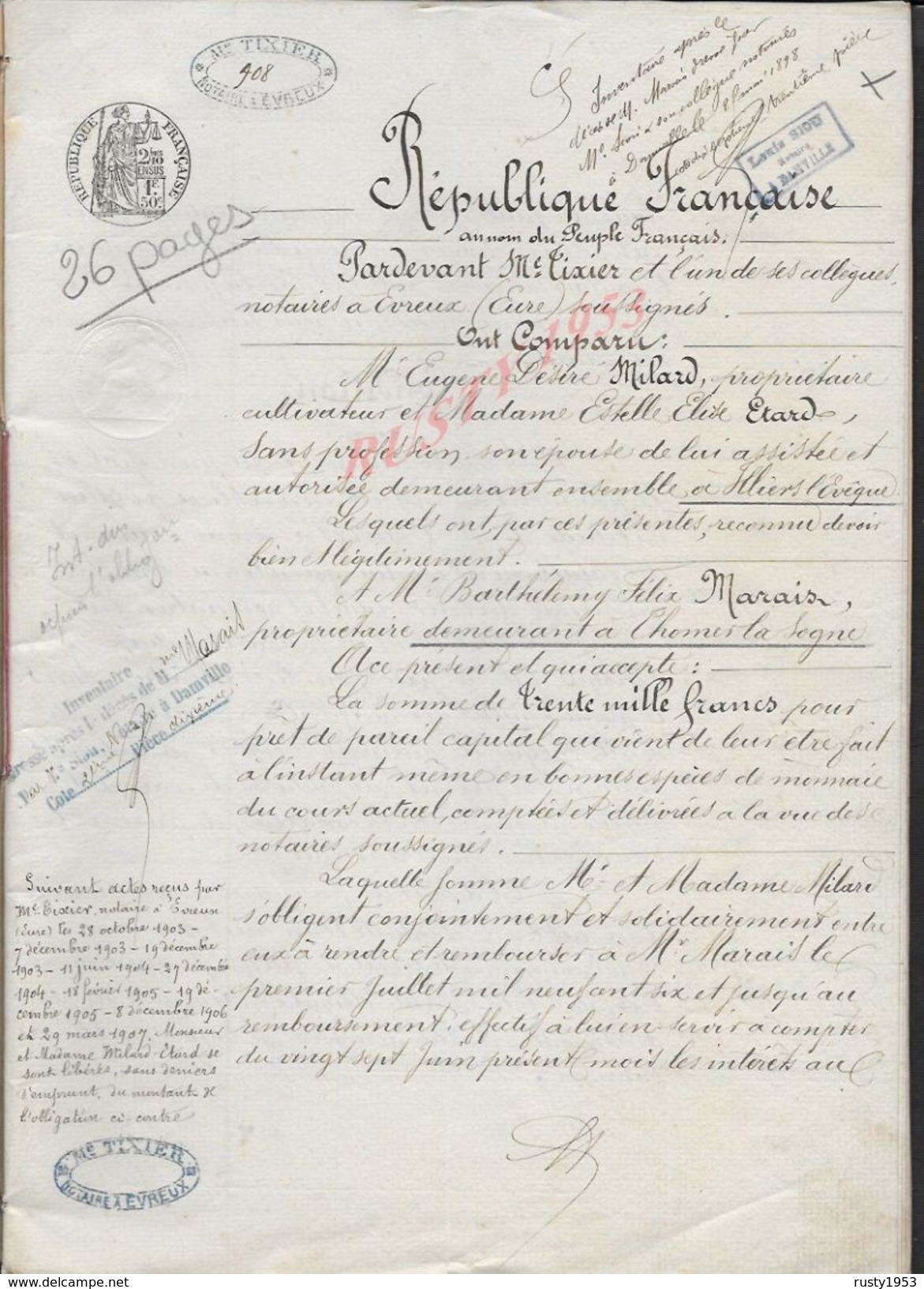 GROSSOEUVRE 1896 ACTE D OBLIGATION FERME DE LA PERRUCHE MILARD À MARAIS 26 PAGES : - Manuscripts