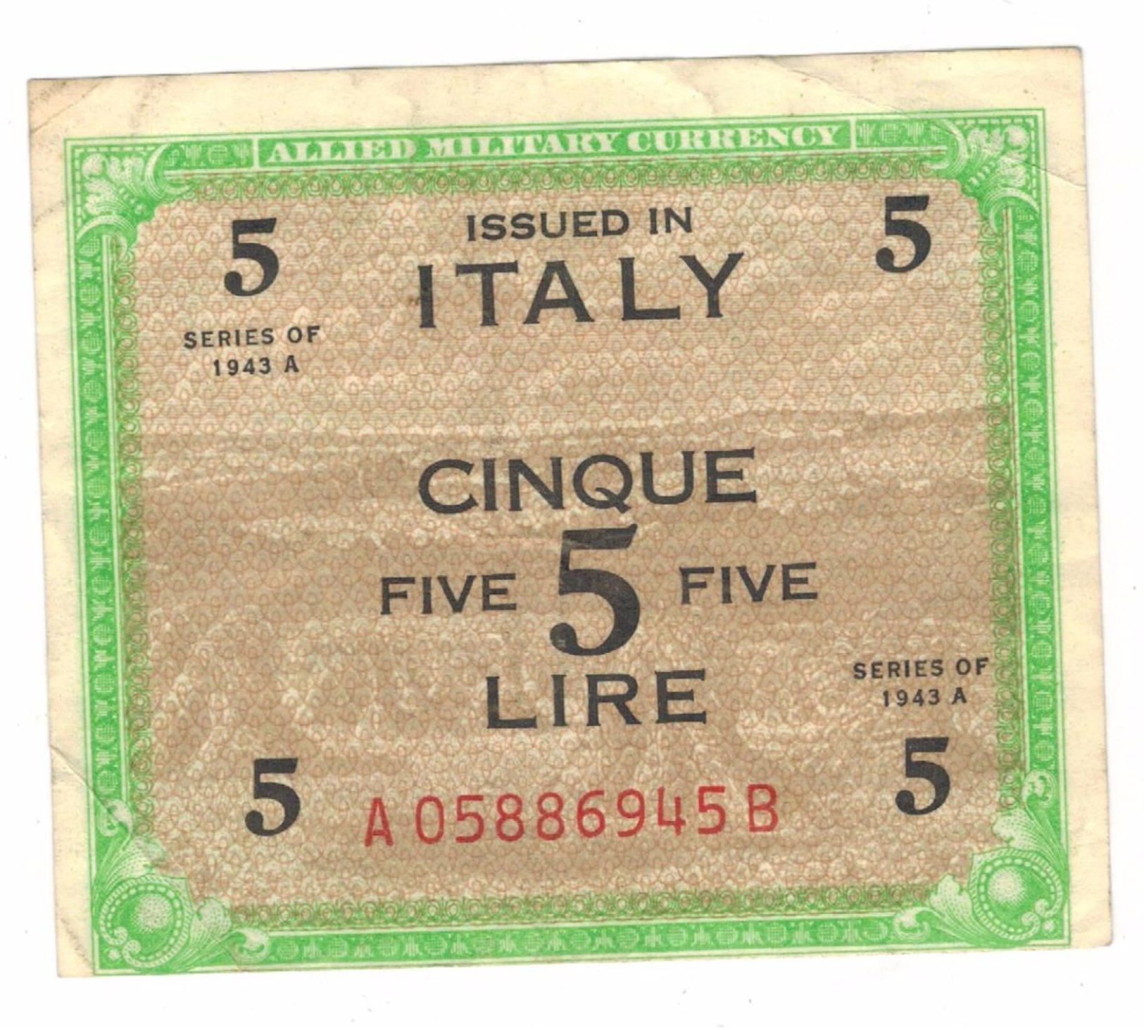 Italy , 5 Lire 1943 A, VF. - Allied Occupation WWII