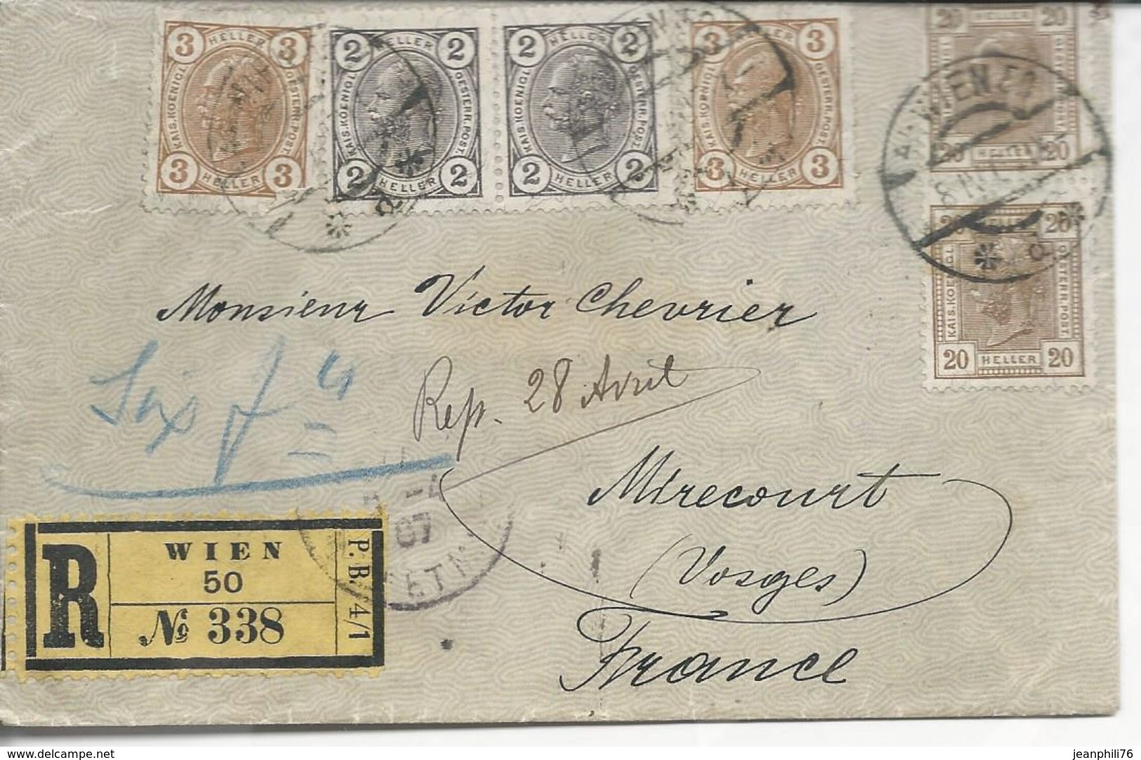 Recommandé De Vienne >> Mirecourt 1907 Timbres (82, 83, 98)x2 - Briefe U. Dokumente