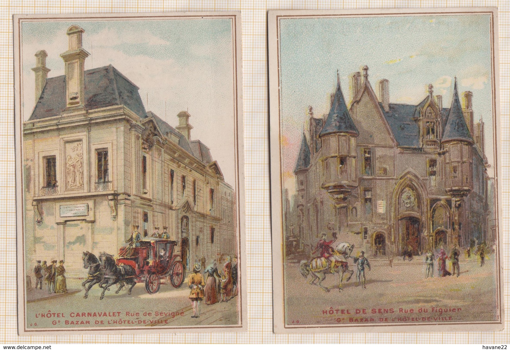 7AJ651 CHROMO GRAND BAZAR DE L'HOTEL DE VILLE Lot De 2 Pieces HOTEL DE SENS HOTEL CARNAVALET 2 SCANS - Other & Unclassified