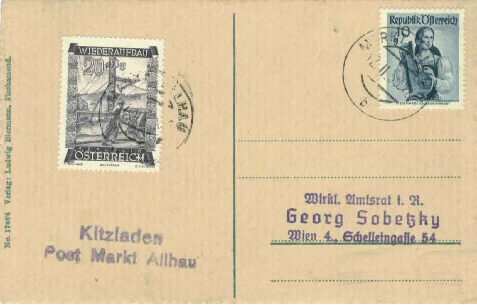 10g Salzkammergut Costume With 20g+10g Reconstruction Fund Semi-Postal 1955 Markt Allhau PPC To Vienna With Kitzla... - Briefe U. Dokumente