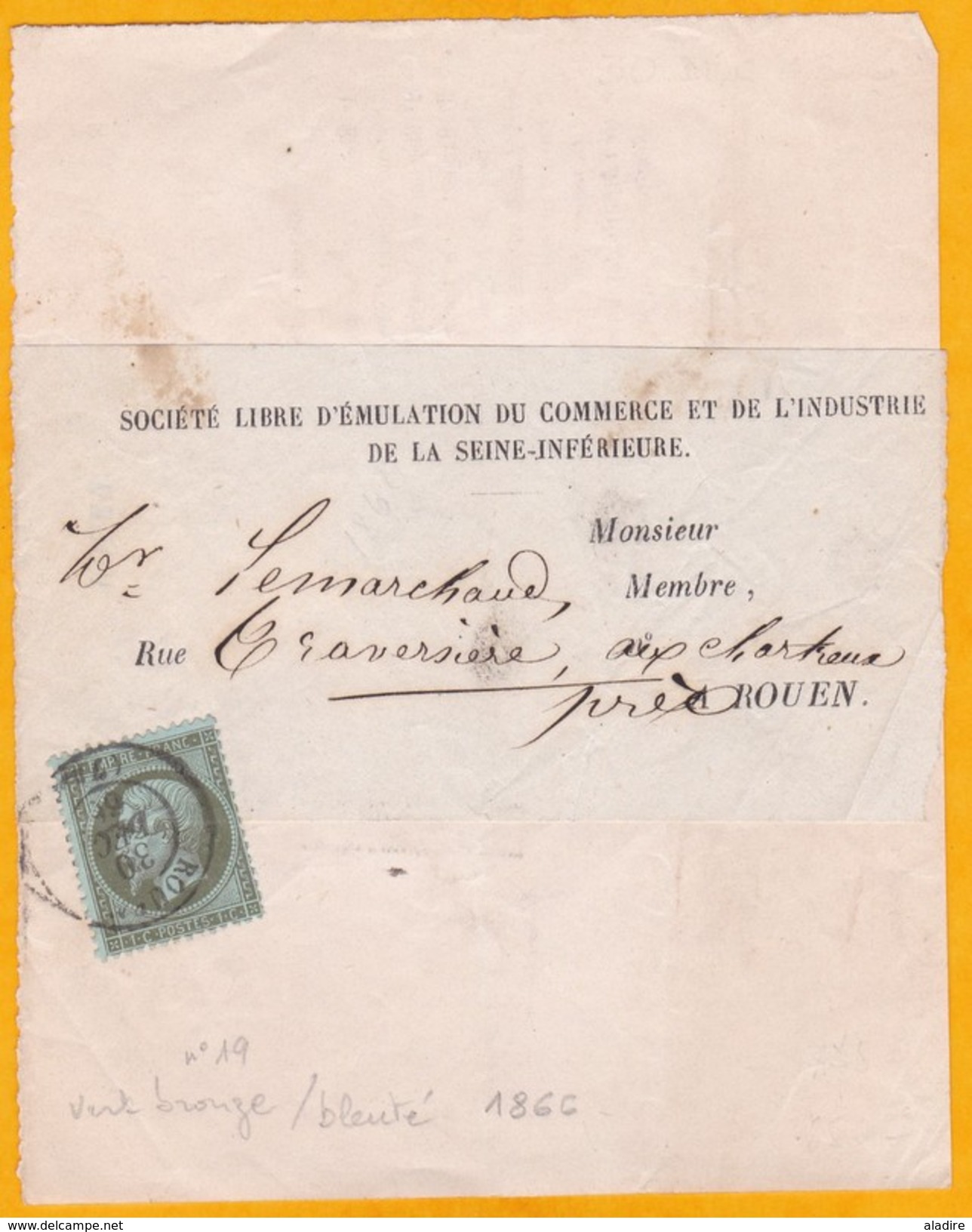 1866 - 1 Centime Olive - Napoléon III - Empire Franc. YT N° 19 - Sur Portion De Bande De Journal - 1862 Napoleon III