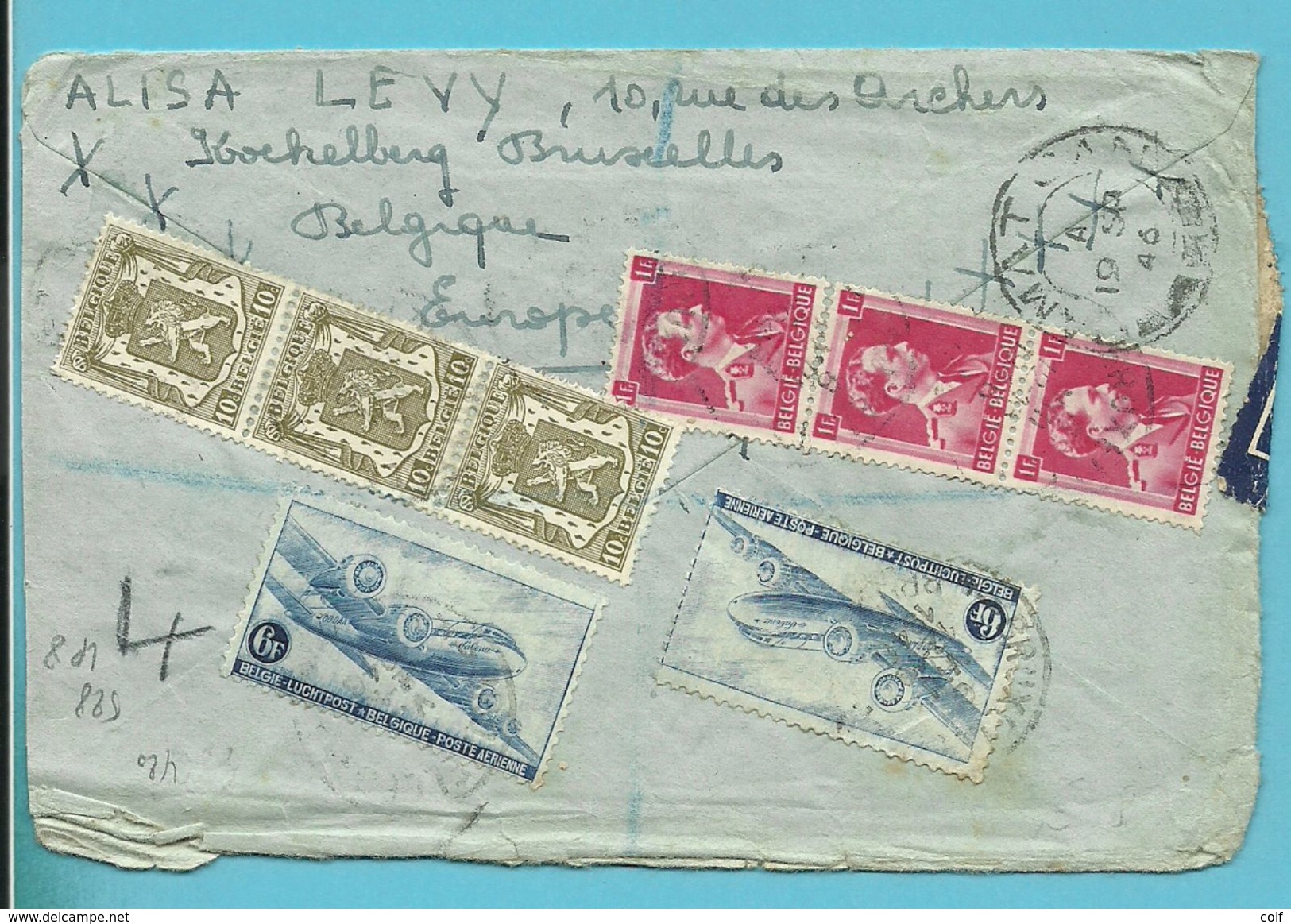 420+528+LP8 (Douglas) Op Brief Per Luchtpost (avion) Aangetekend Stempel BRUXELLES  Naar PALESTINE - 1936-1957 Open Collar