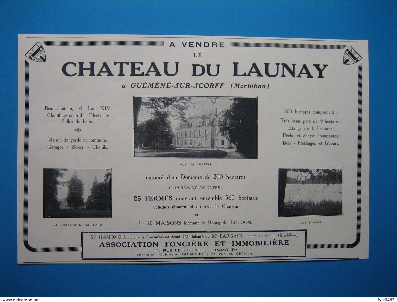 (1928) A Vendre Le CHÂTEAU DU LAUNAY à Guéméné-sur-Scorff (Morbihan) - Non Classés