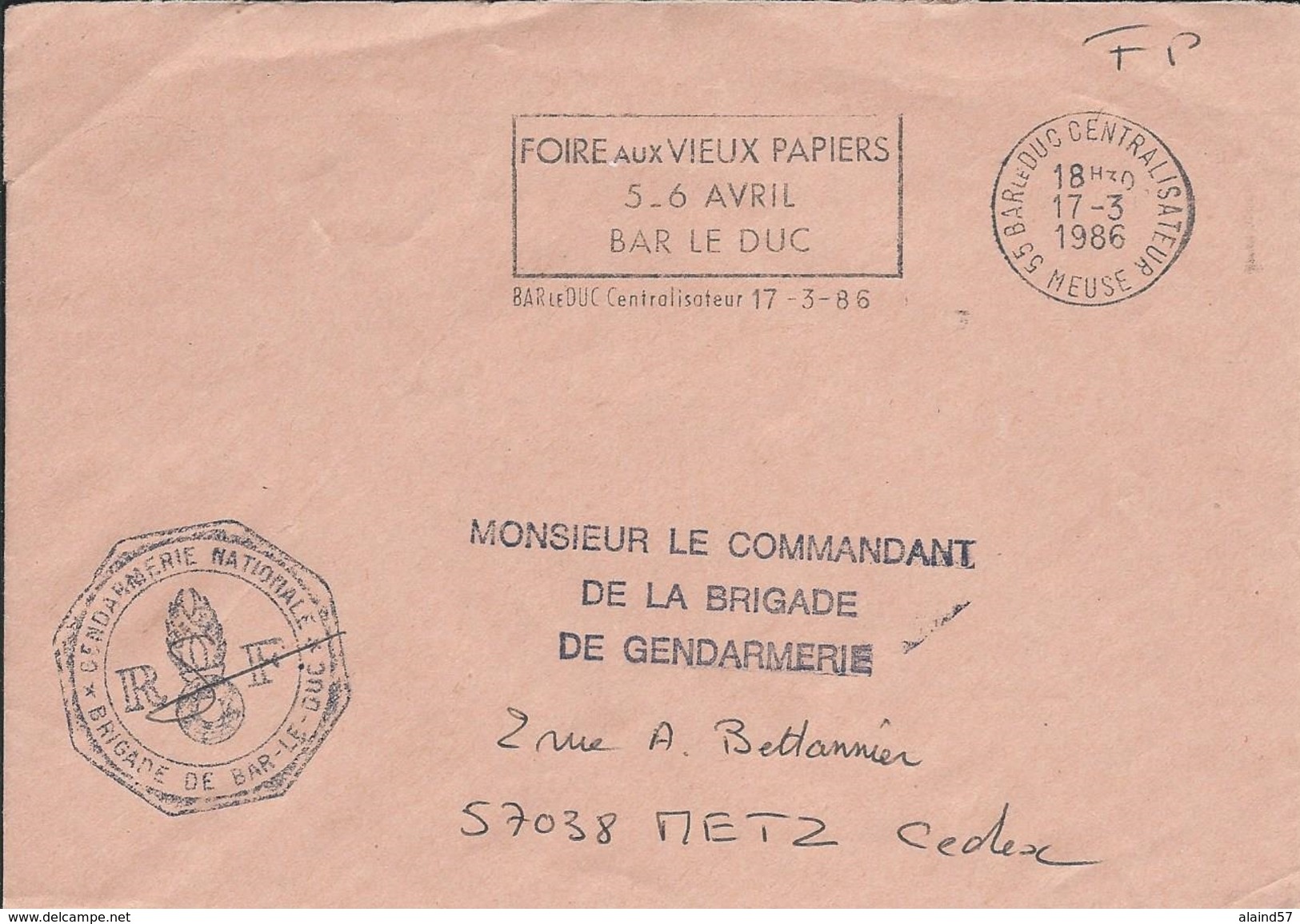 Meuse : Enveloppe De Gendarmerie Avec Flamme De Bar-le-Duc "Foire Aux Vieux Papiers" De 1986. - 1961-....