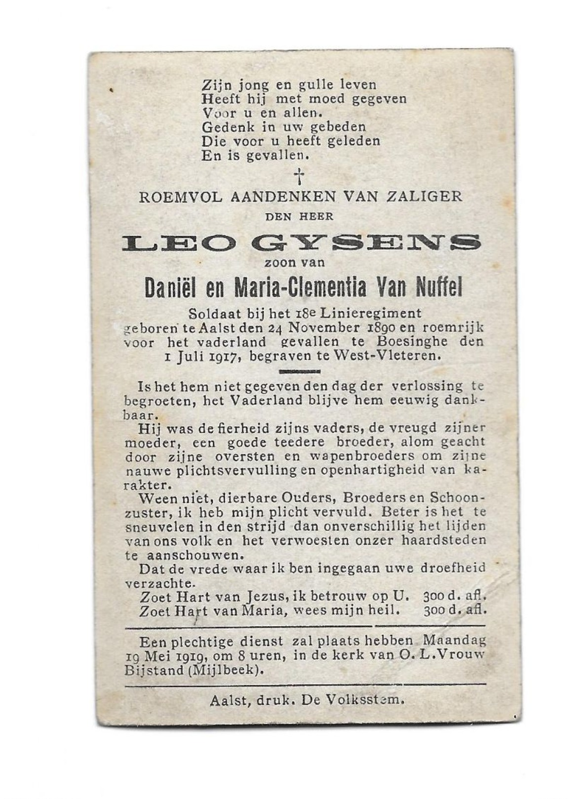 Doodsprentje Gesneuvelde 14-18 Leo Gysens Aalst 24/11/1890 +Boezinge 01/07/1917 - Images Religieuses