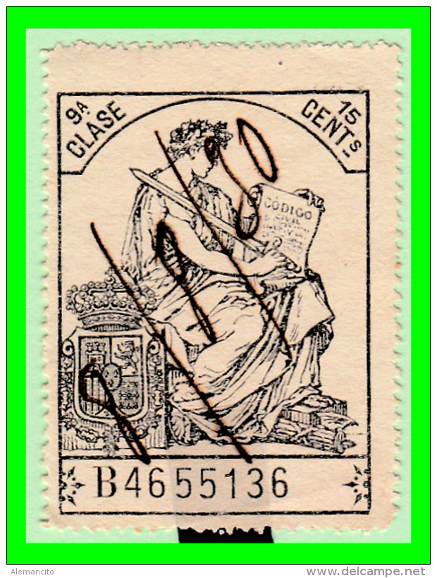 SELLO REPUBLICA.  POLIZA  CLASE-9&ordf; -  0,15 Ptas.  SERIE  B4655136  DENTADO FISCAL  AÑO 1930 - Used Stamps