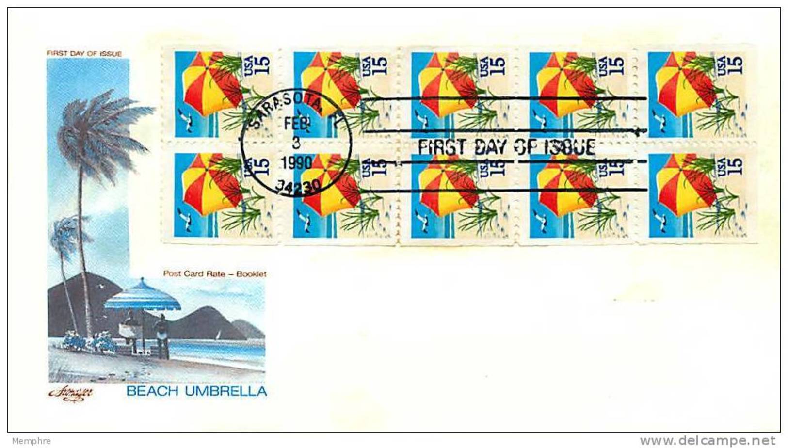 1990 Beach Umbrella     Booklet Pane Of 10   Sc 2443a - 1971-1980