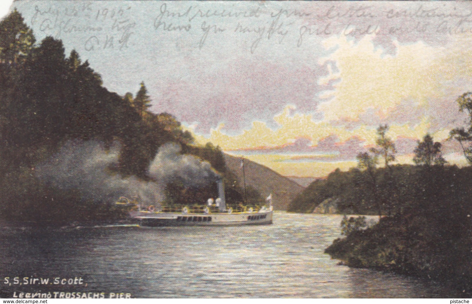 Original 1905 PC - SS Sir Walter Scott Steamship Leaving Trossachs Pier - Torn Corner - 2 Scans - Traghetti