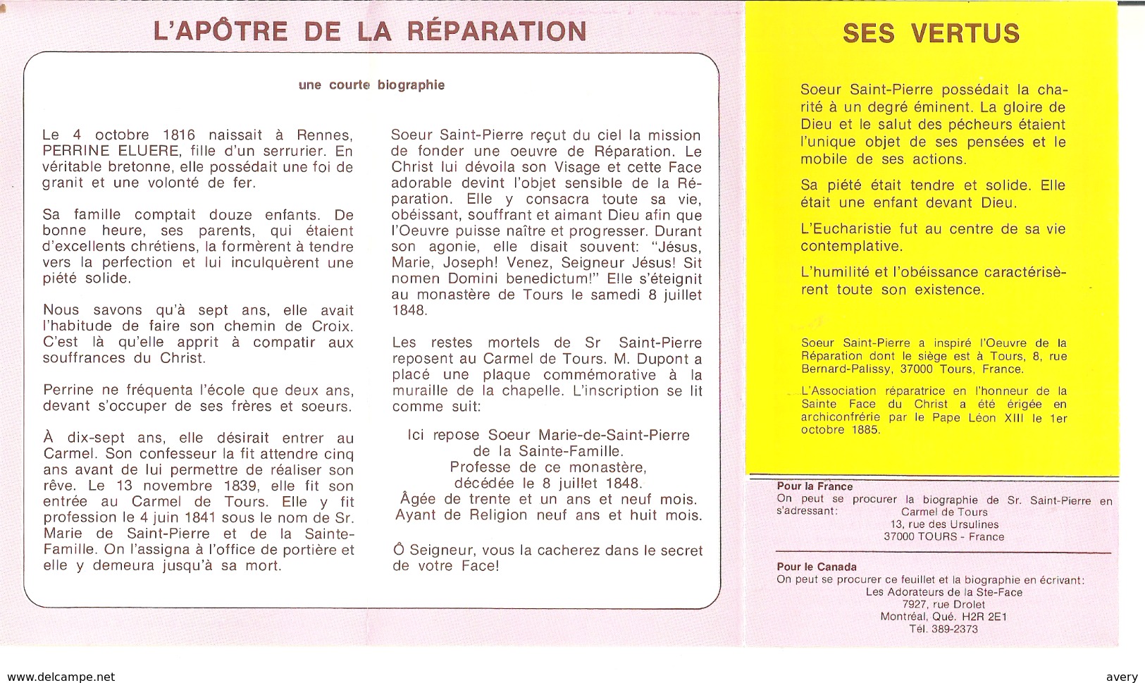 Soeur Marie De Saint-Pierre Nee A Rennes Le 4 Octobre 1816  Decedee A Tours Le 8 Juillet 1848 - Devotieprenten