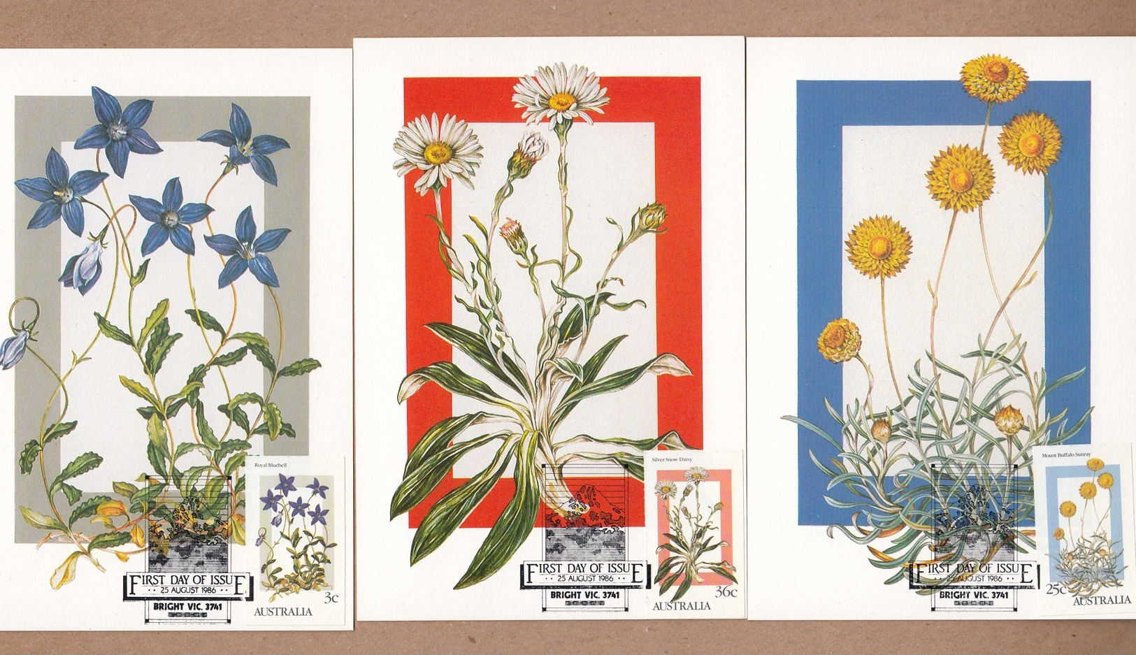 Australia Maxicards 1986 - Alpine Flowers From Booklet -  Set Of 3 FDI - Sonstige & Ohne Zuordnung