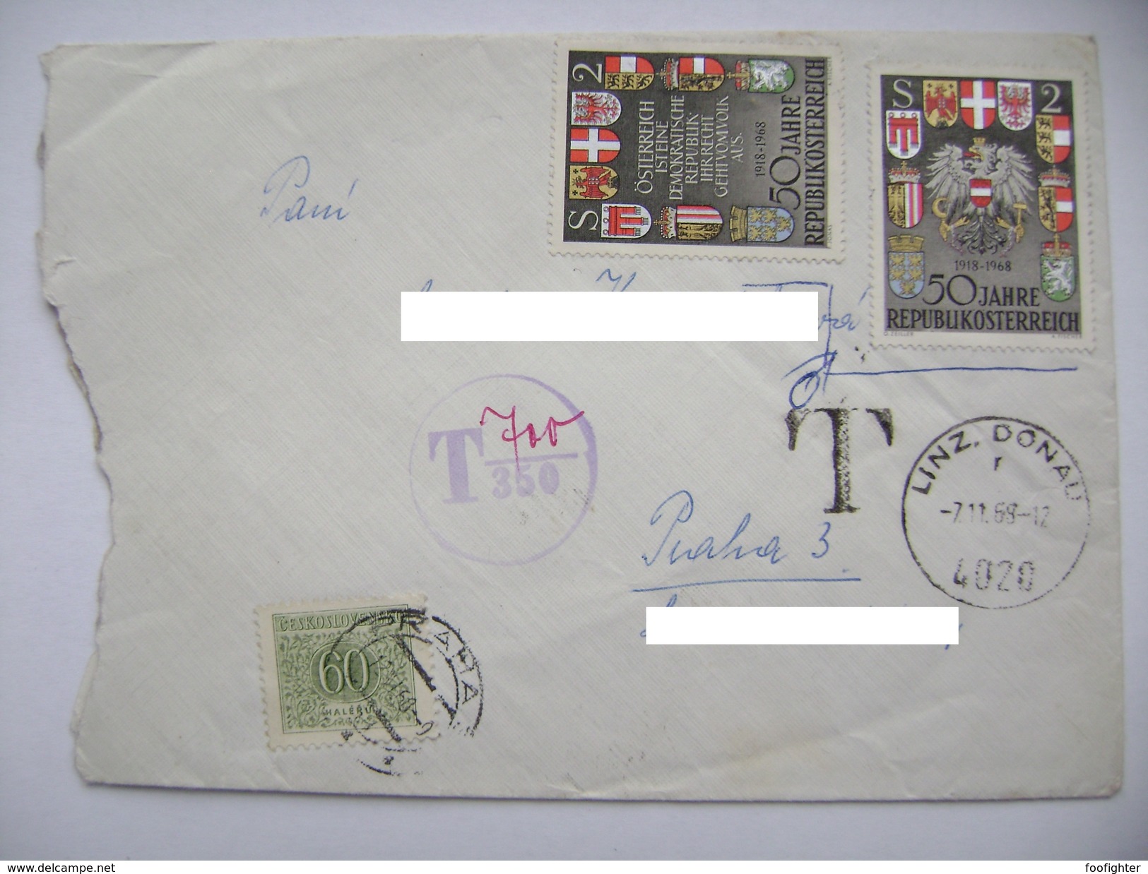 Austria Cover 1969: Linz - Praha - 2x 50 Jahre Republik Österreich 1918/1968 - Doplatne, Taxe 60 Hal. - Covers & Documents