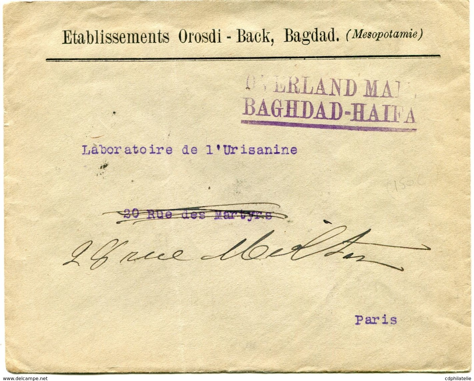 IRAQ LETTRE AVEC GRIFFE VIOLETTE "OVERLAND MAIL BAGHDAD - HAIFA" + AFFRANCHISSEMENT AU VERSO DEPART BAGHDAD 30 JUN 25... - Iraq