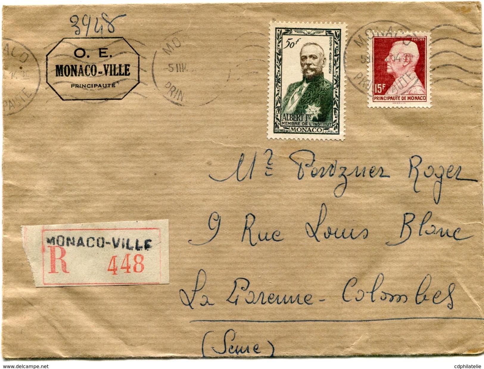 MONACO LETTRE RECOMMANDEE DEPART MONACO 5 III 49 PRINCIPAUTE POUR LA FRANCE - Cartas & Documentos