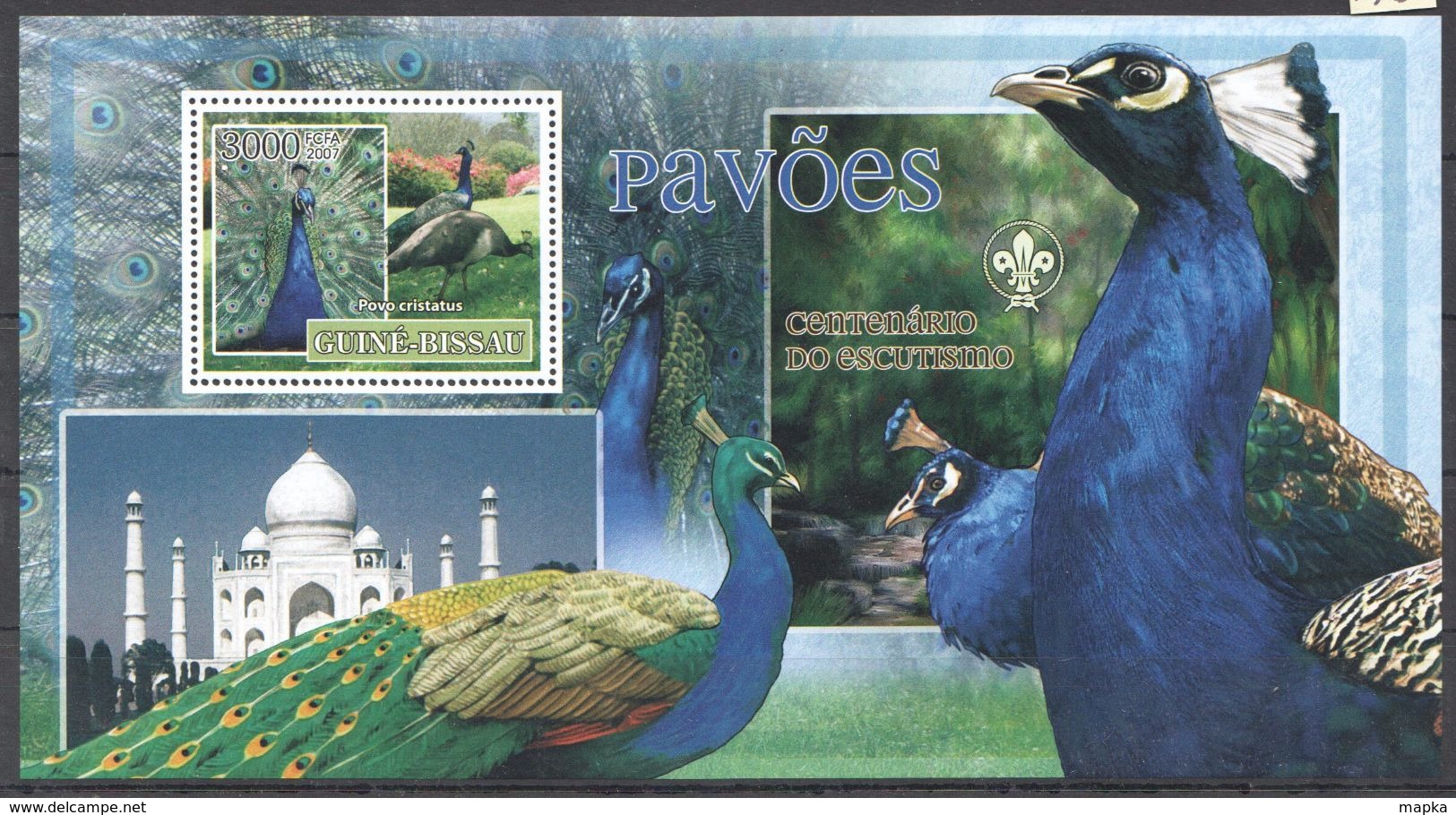 N44 2007 GUINE-BISSAU FAUNA BIRDS CENTENARIO DO ESCUTISMO PAVOES 1BL MNH - Pfauen