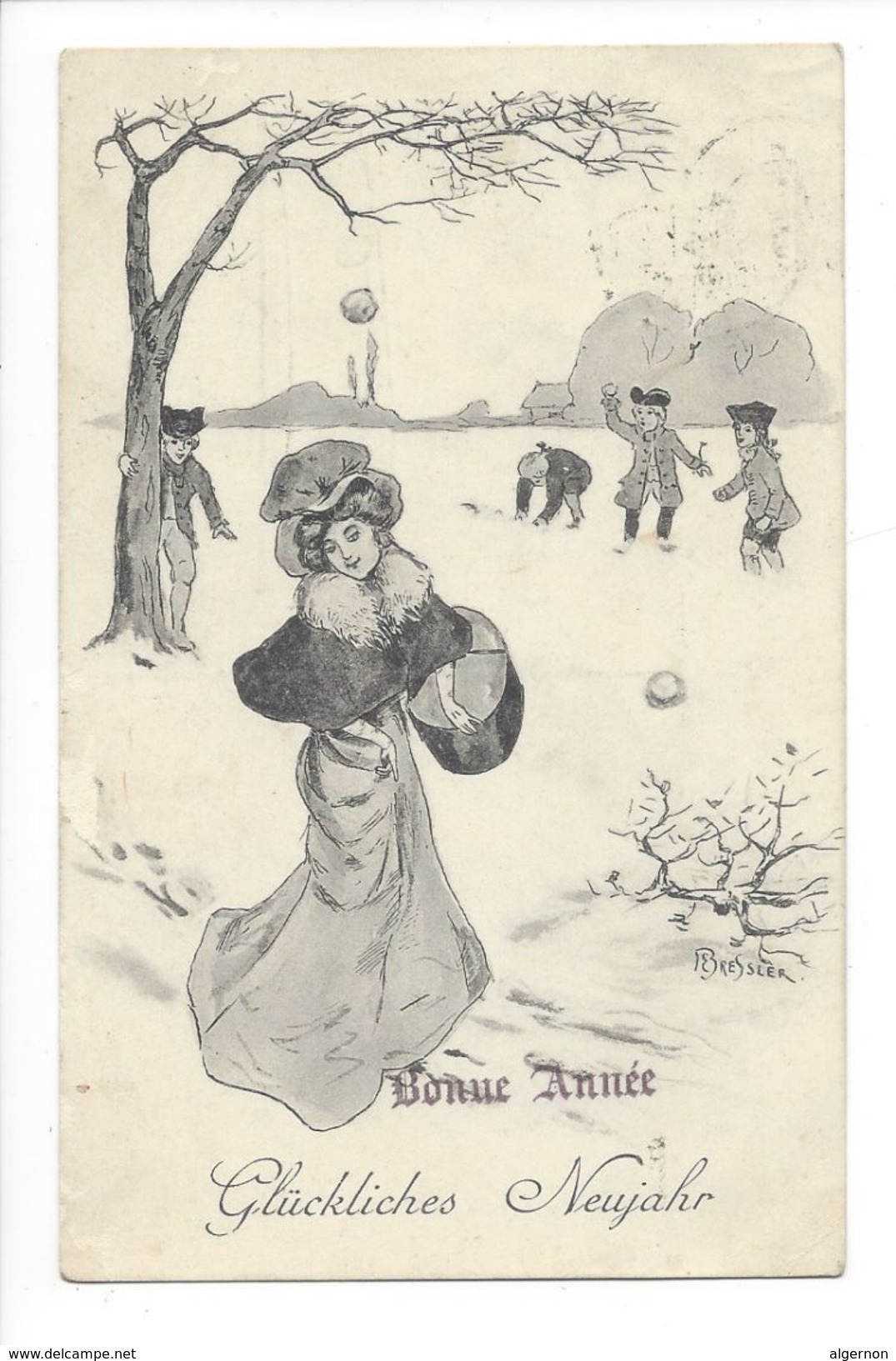 17792 - Bonne Année Glückliches Neujahr Par Bressler Femme Chapeau Et Enfants Dans La Neige - Nouvel An