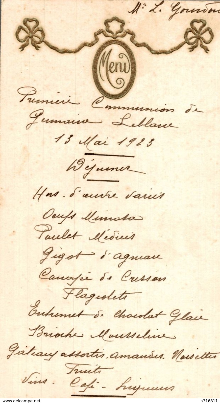 MENU DU 13 MAI 1923  ME  GOURNON - Menus