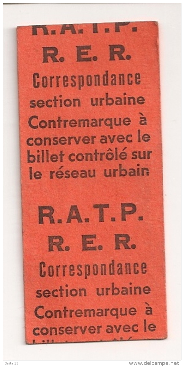 TICKET RATP RER CORRESPONDANCE CONTREMARQUE CPA1174 - Autres & Non Classés