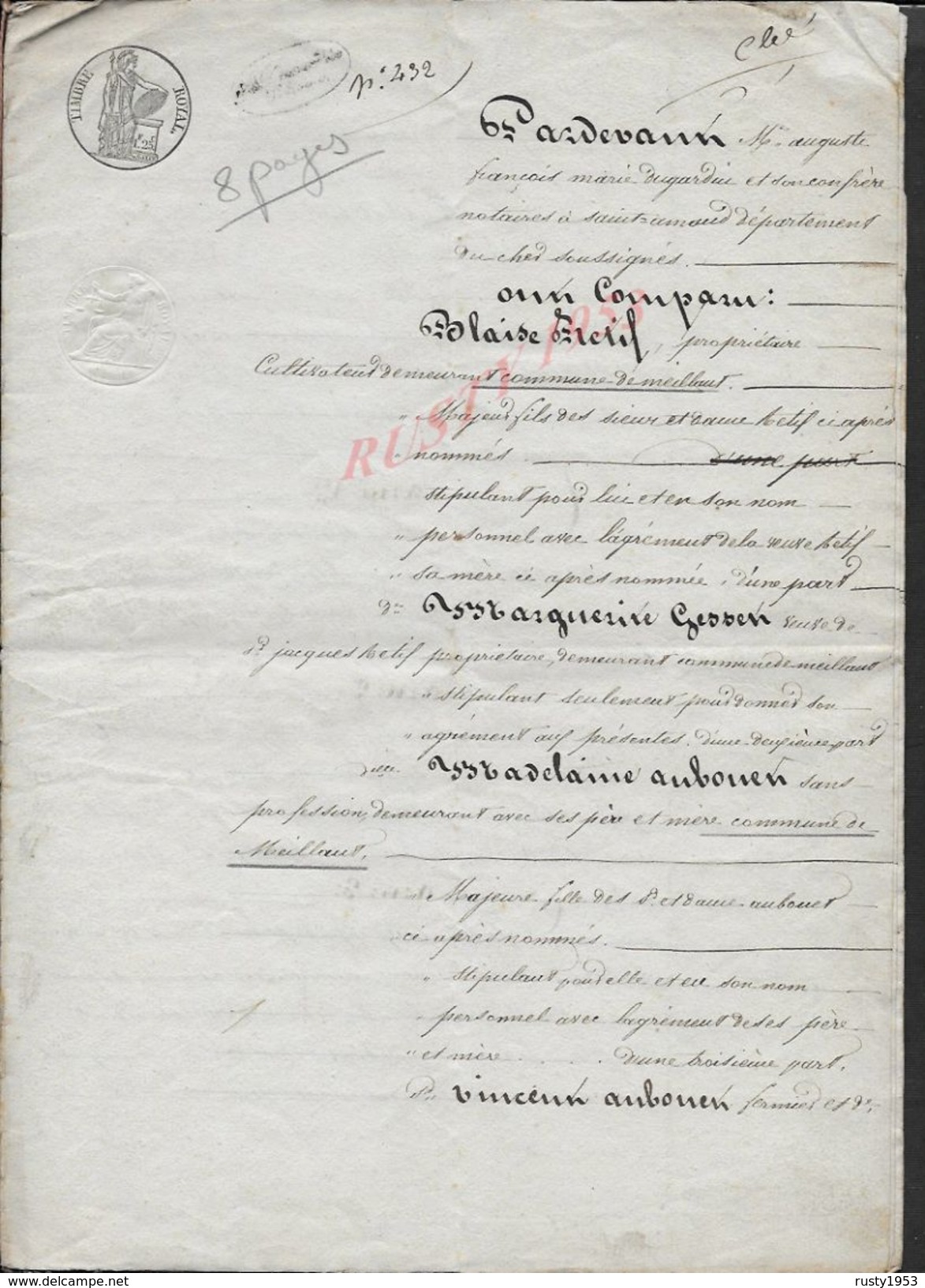 GENEALOGIE MEILLANT 1841 ACTE CONTRAT DE MARIAGE M. RETIF X AUBOUEN 8 PAGES : - Manuscripts