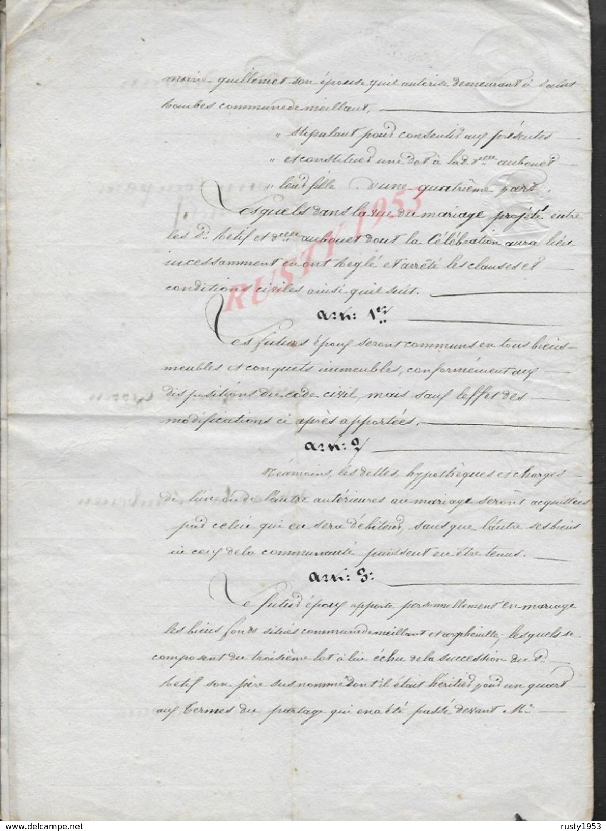 GENEALOGIE MEILLANT 1841 ACTE CONTRAT DE MARIAGE M. RETIF X AUBOUEN 8 PAGES : - Manuscripts