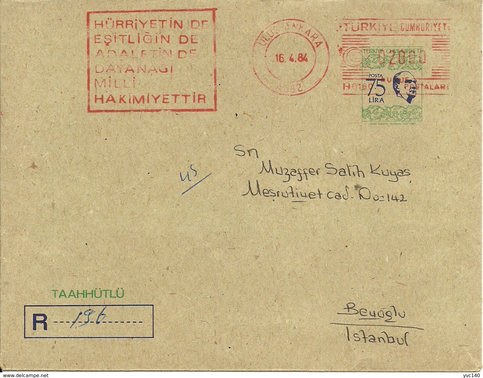 Turkey; 1983 Postal Stationery For Registered Mail - Postal Stationery