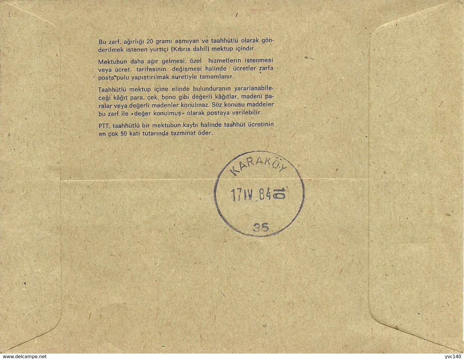 Turkey; 1983 Postal Stationery For Registered Mail - Postal Stationery