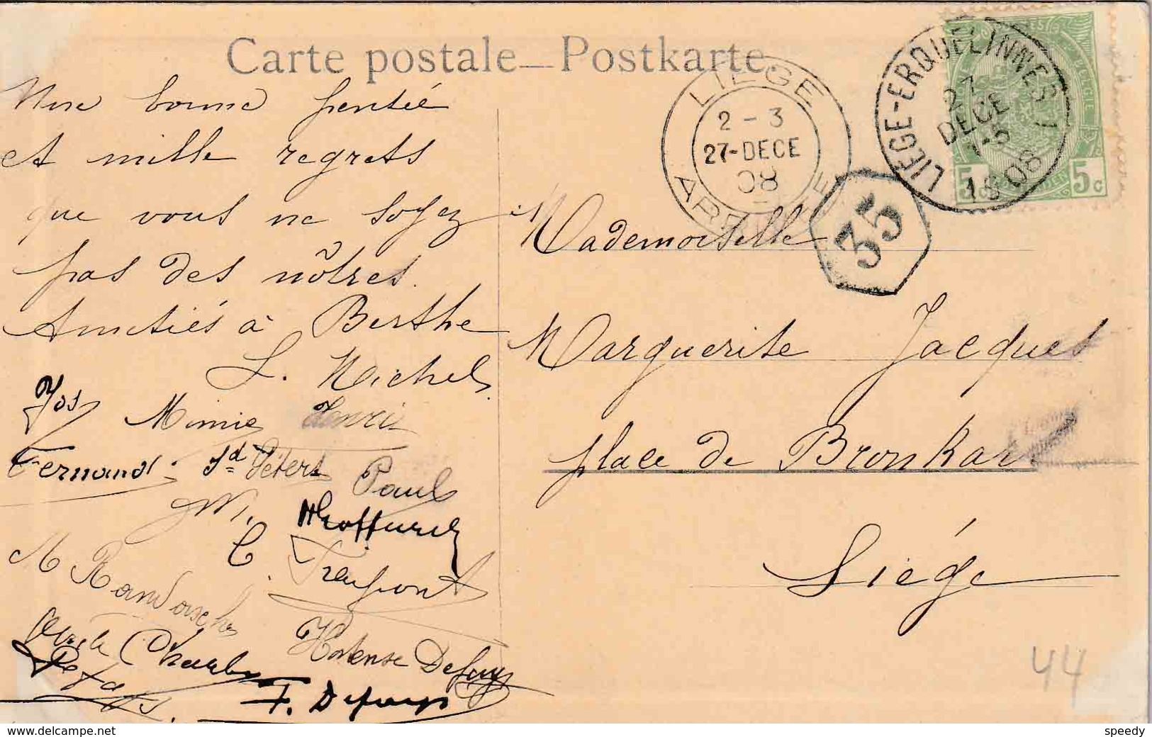 BELGIË : AMBULANT / TREINPOST / BAHNPOST " LIEGE - ERQUELINNES 1 / 27 DECE   1-5   1908" - Ambulantes