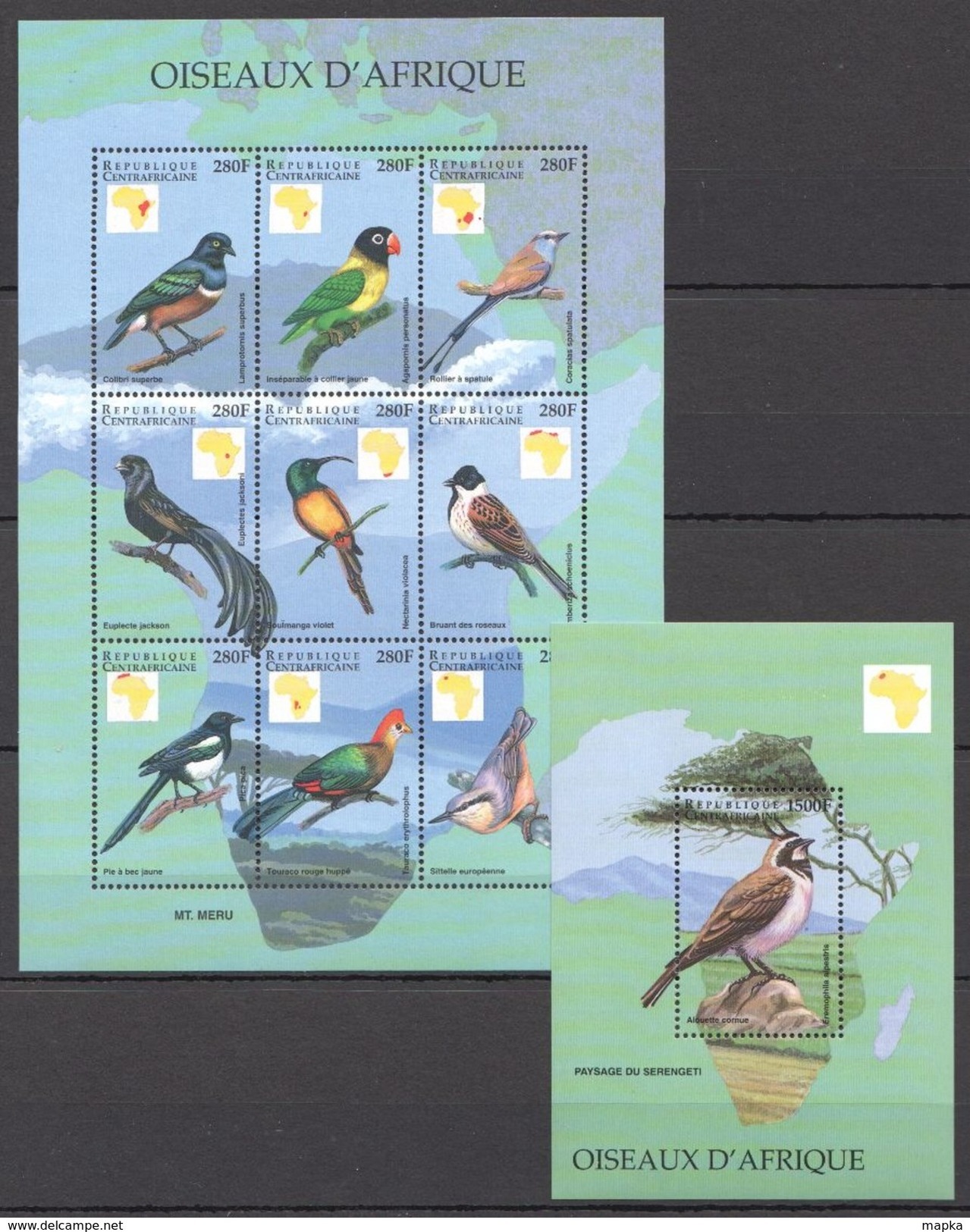 L442 CENTRAFRICAINE FAUNA BIRDS OISEAUX D'AFRIQUE 1KB+1BL MNH - Sonstige & Ohne Zuordnung