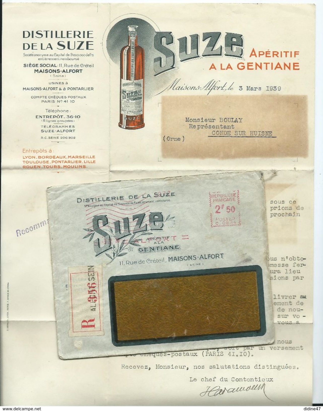 ENVELOPPE COMMERCIALE AVEC DOCUMENT - APERITIF A LA GENTIANE SUZE - MAISONS ALFORT - 1921-1960: Modern Period