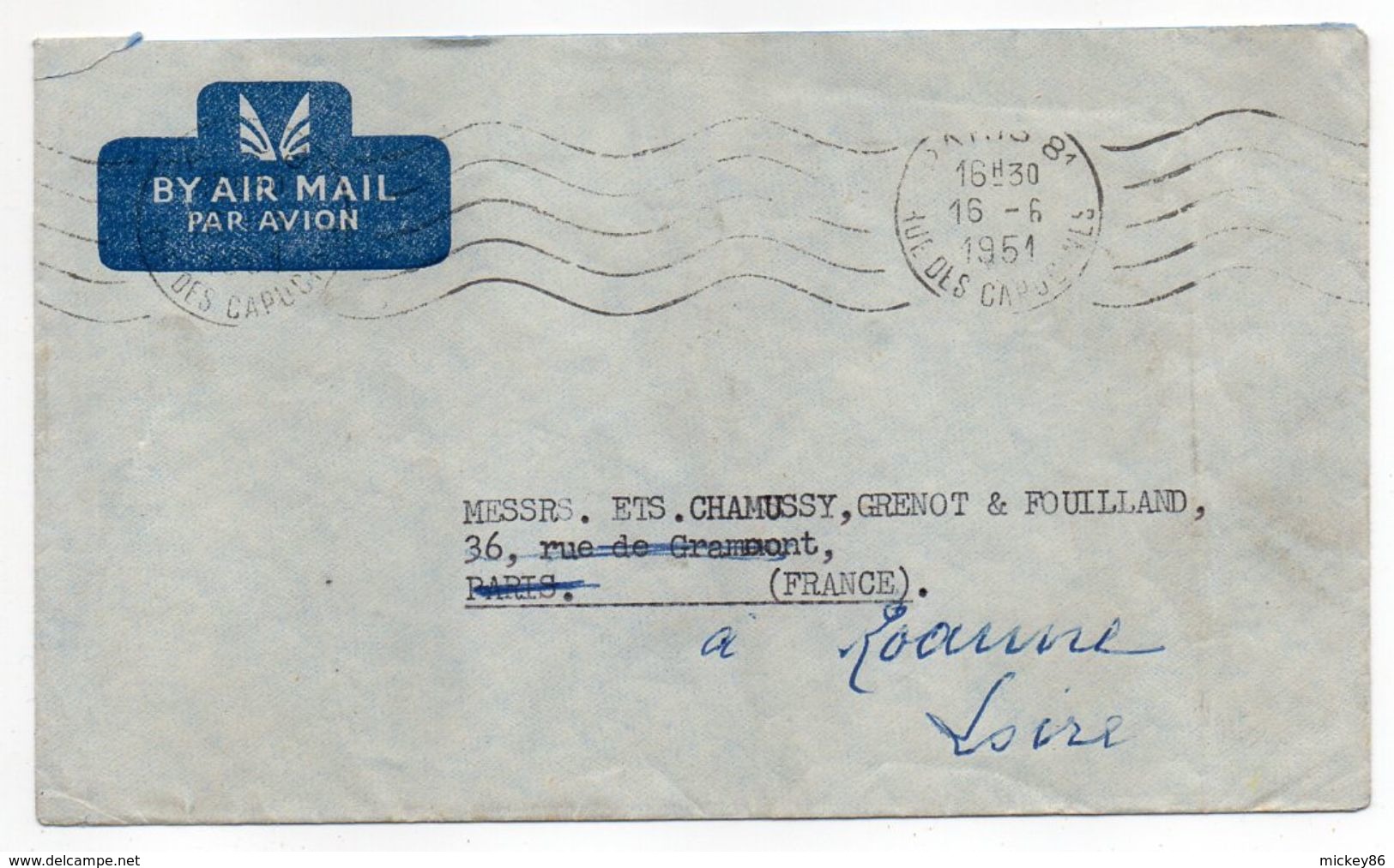 Pakistan--1951--Lettre De Karachi City Pour PARIS (France) Réexpeédiée Sur Roanne-42--cachet Krag PARIS 81 - Pakistan