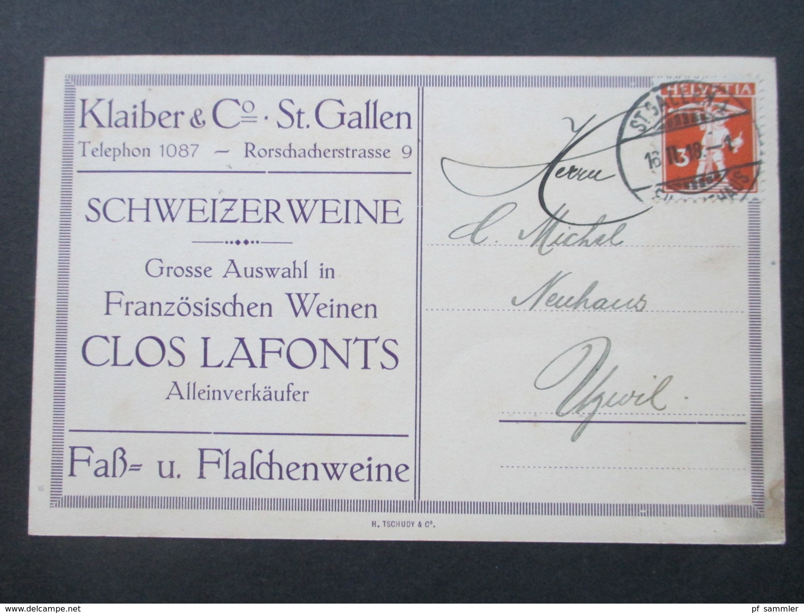 Schweiz 1918 Nr. 112 Type II EF Firmenpostkarte. Klaiber & Co St. Gallen. Schweizer Weine. Fassquittung. Closs Lafonts - Cartas & Documentos