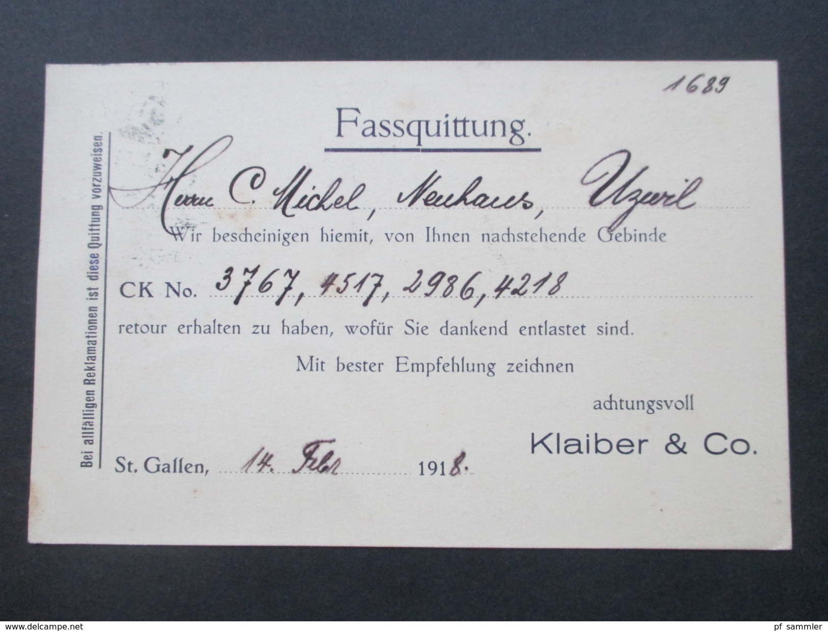 Schweiz 1918 Nr. 112 Type II EF Firmenpostkarte. Klaiber & Co St. Gallen. Schweizer Weine. Fassquittung. Closs Lafonts - Cartas & Documentos