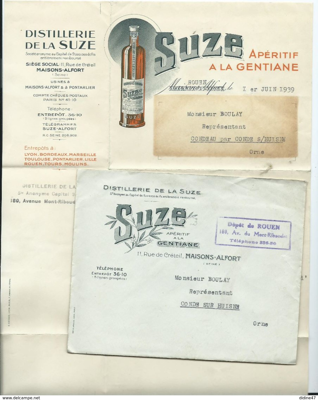 ENVELOPPE COMMERCIALE AVEC DOCUMENT - APERITIF A LA GENTIANE SUZE - ROUEN - 1921-1960: Moderne