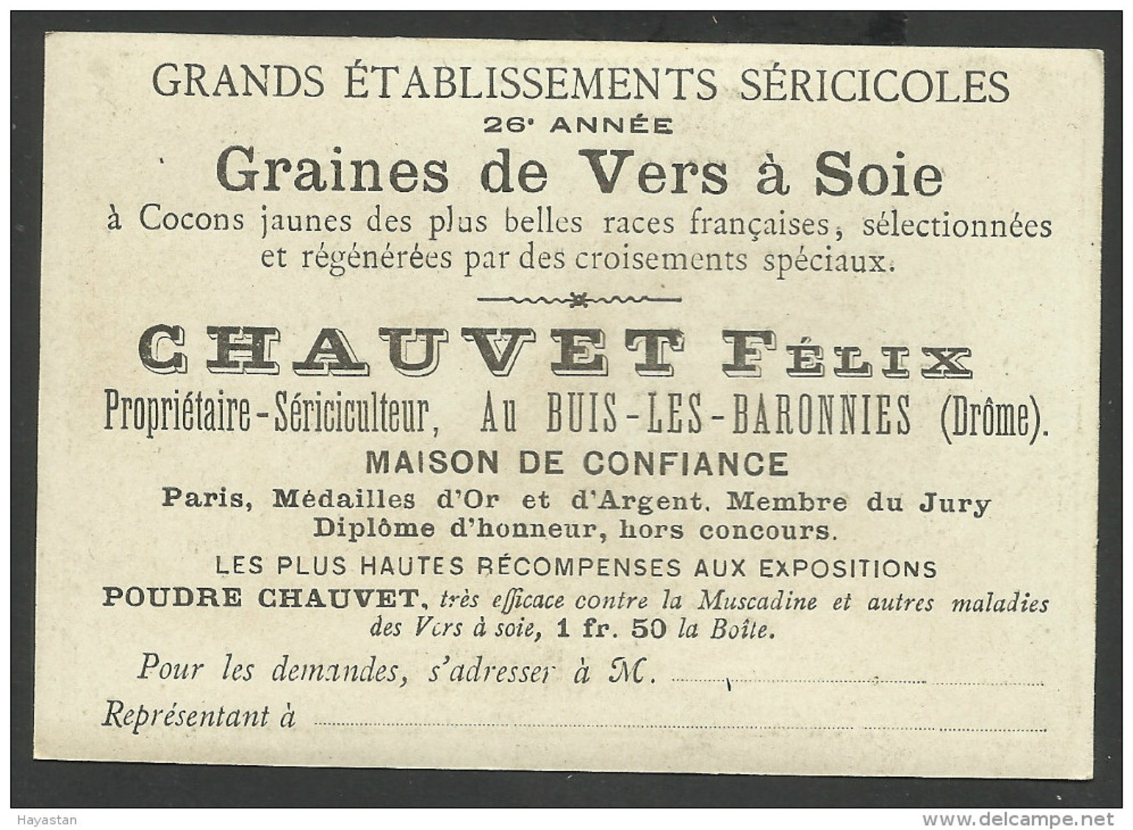 CHROMO PUBLICITAIRE - CHAUVET FELIX SERICICULTEUR AU BUIS DROME - GRAINES DE VERS A SOIE- L'ESCRIME - Autres & Non Classés