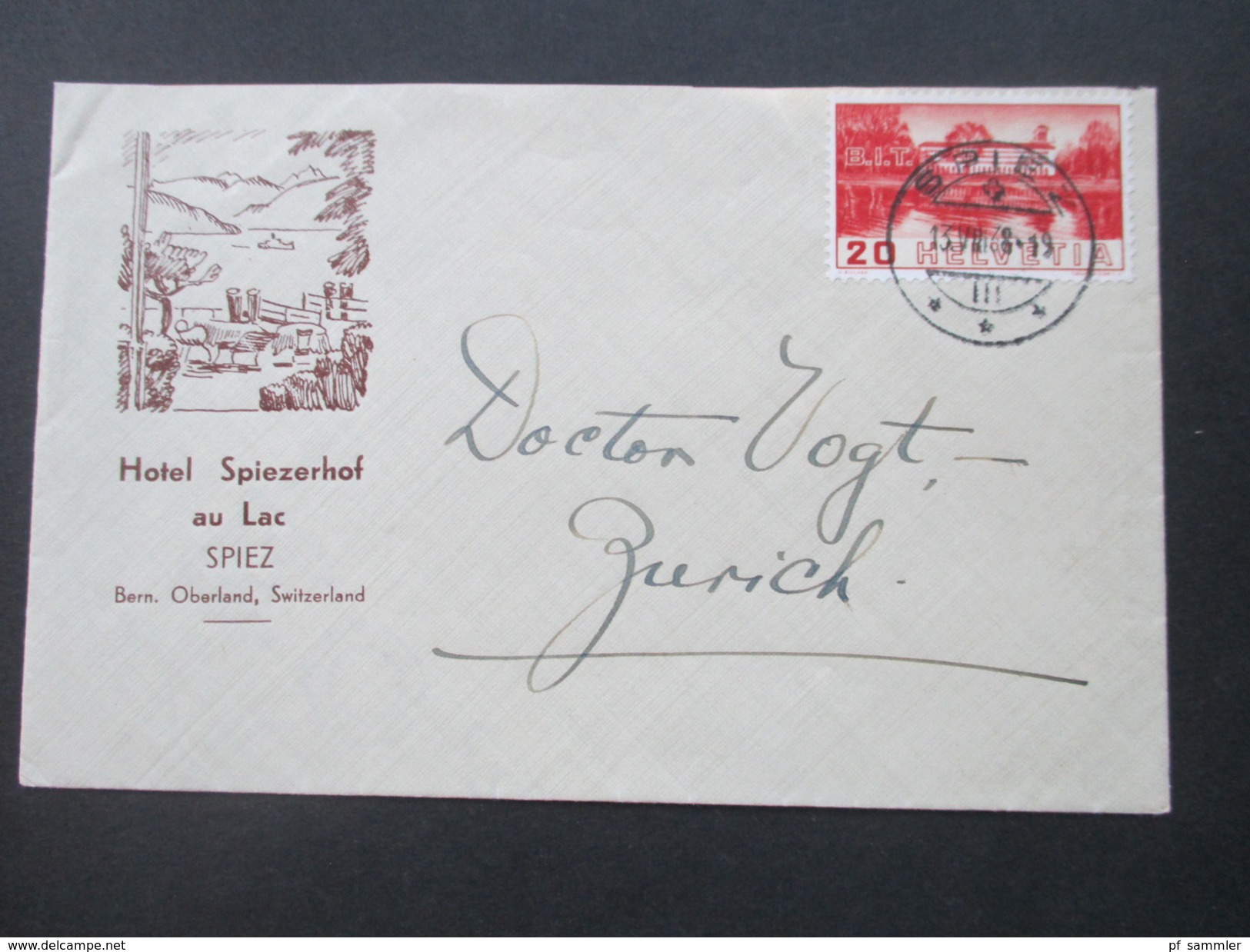 Schweiz 1938 Nr. 321 EF Spiez - Zürich. Umschlag: Hotel Spiezerhof Au Lac. Berner Oberland. Seeterrasse - Cartas & Documentos