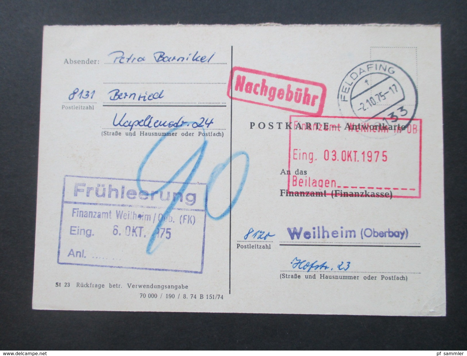 BRD 1975 Postkarte / Antwortkarte An Das Finazamt Weilheim (Oberbayern) Nachgebühr Stempel. Frühleerung - Briefe U. Dokumente