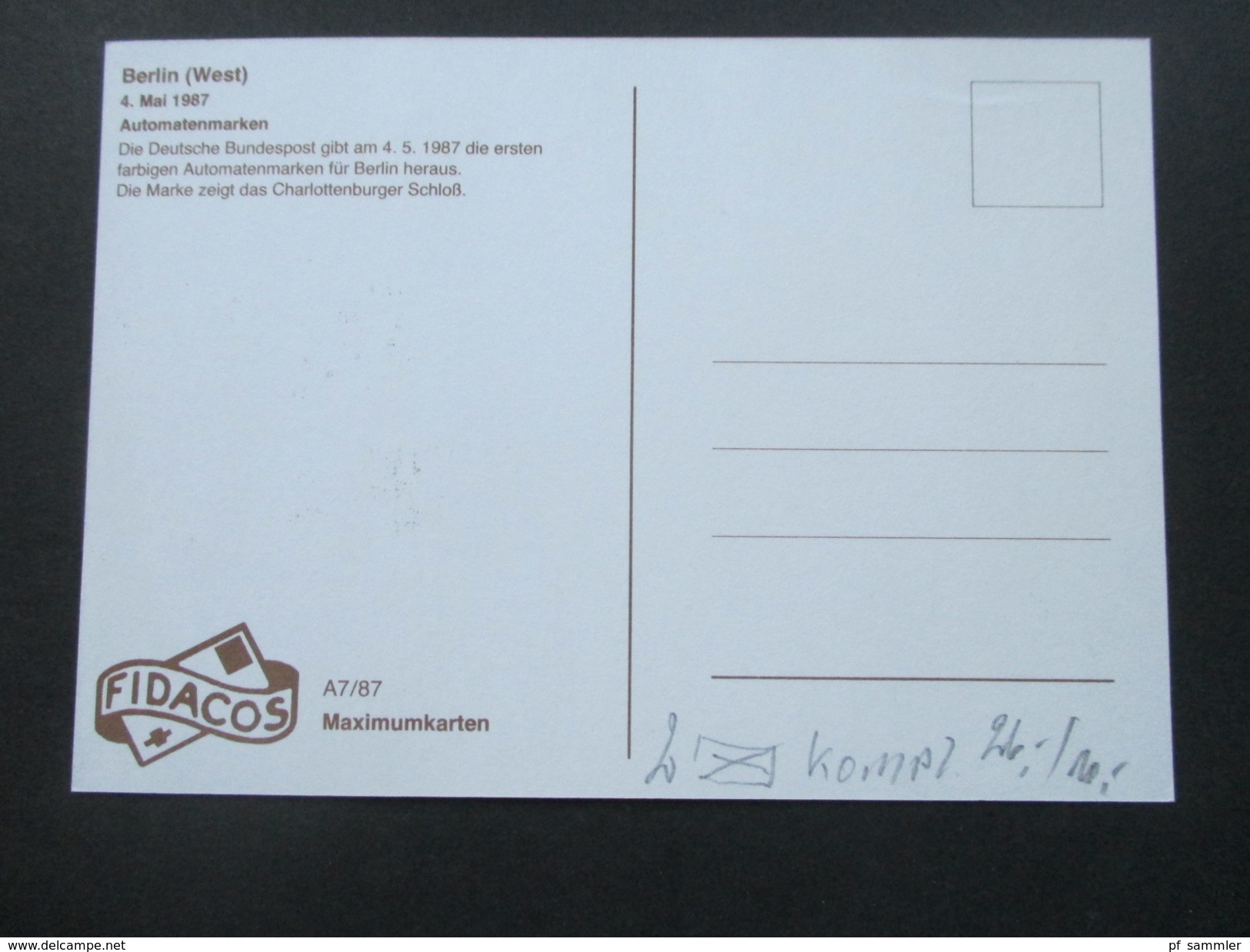 Berlin MK Automatenmarken 1987 Sonderstempel Klüssendorf ATM Maschine. Fidacos Maximumkarten - Sonstige & Ohne Zuordnung